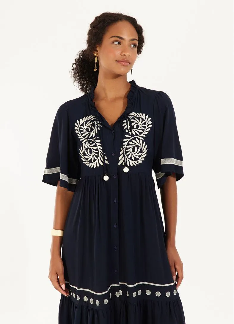 Vestido midi bordado magnólia azul marinho
