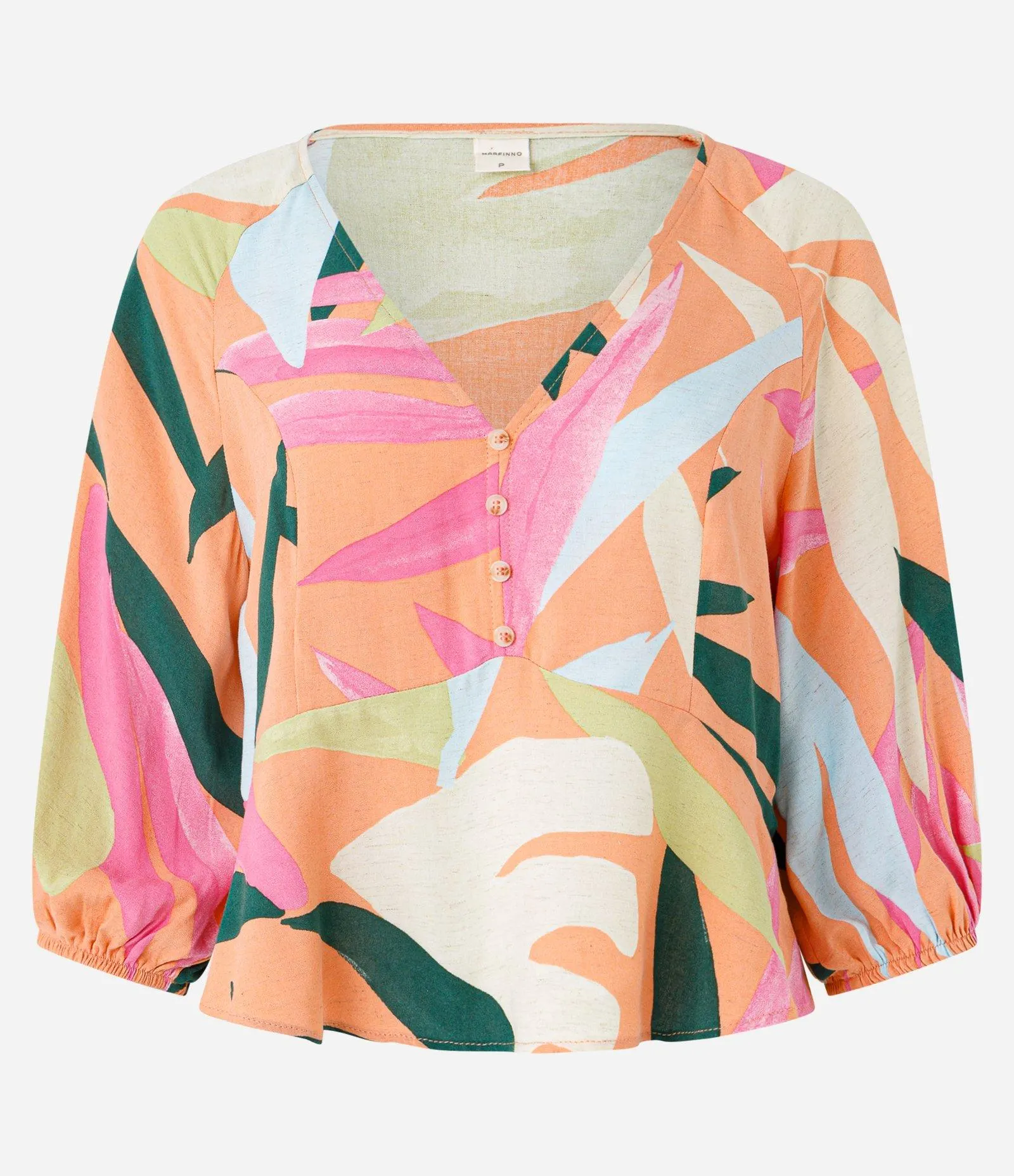 Blusa em Viscolinho com Manga Bufante e Folhagens Estampadas Multicores