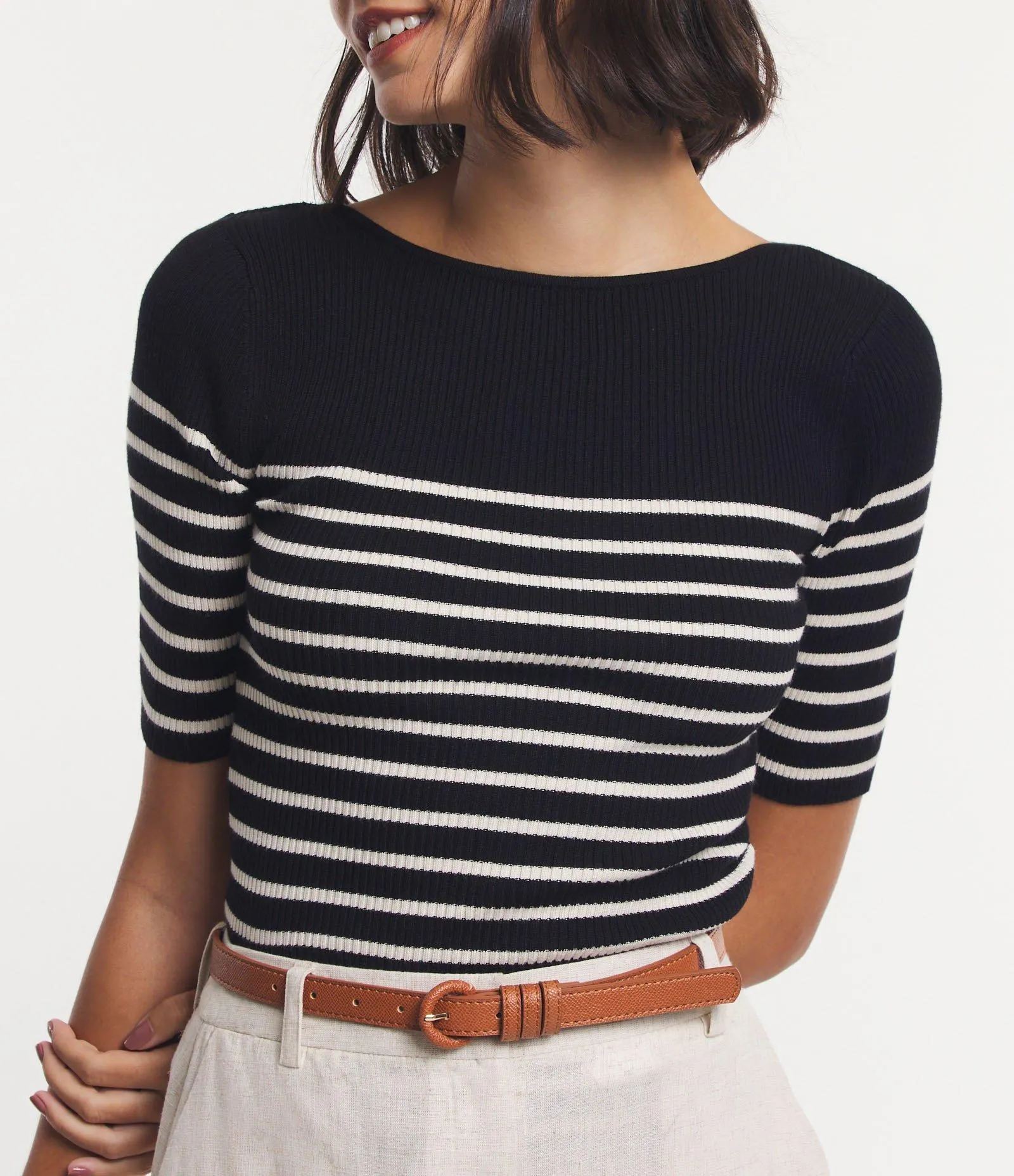 Blusa em Tricõ com Textura Canelada e Estampa Listrada Preto