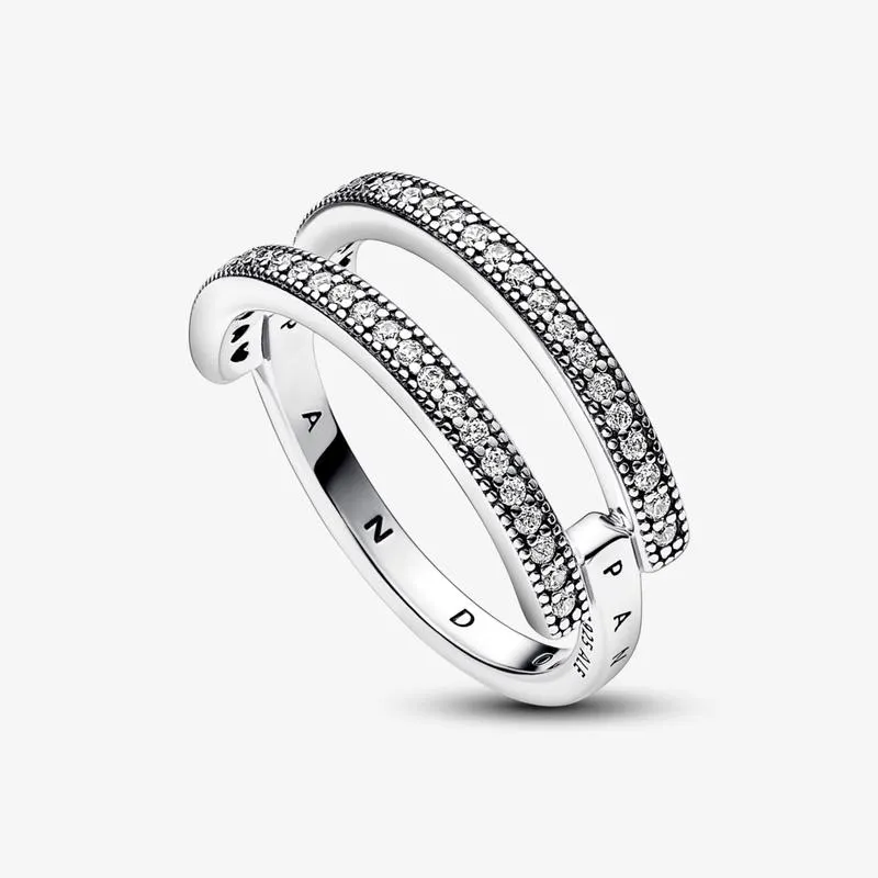 Anel De Aro Duplo Logo E Pave Pandora Signature De Prata Com Zirconia