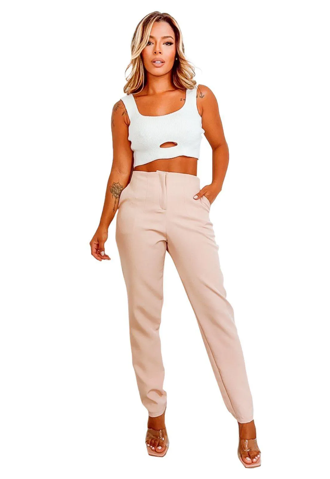 Calça Básica Alfaiataria Social YWC Ind Básica de Cós Alto Elegante Begê