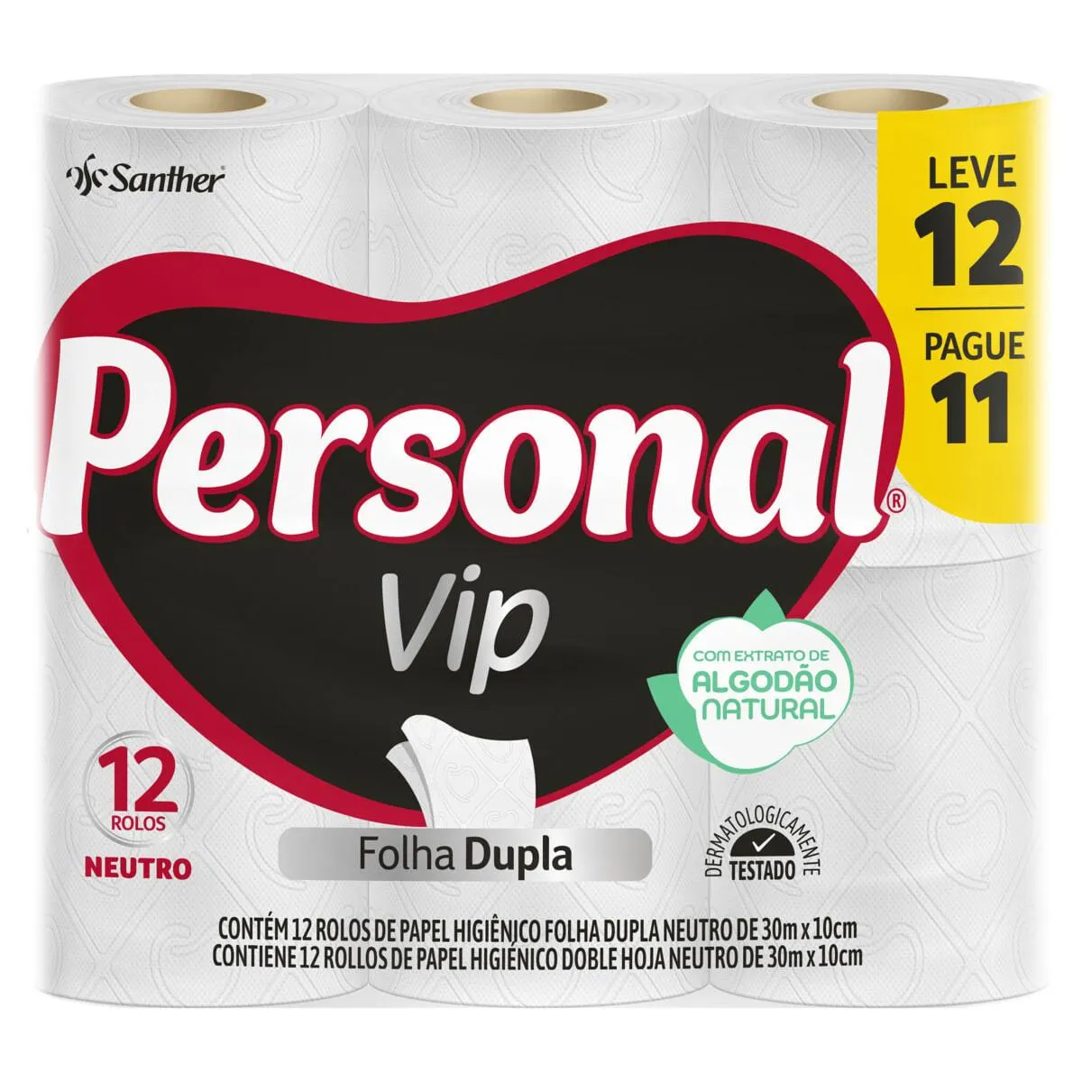Papel Higiênico Personal Vip Folha Dupla Neutro com 12 rolos de 30 metros