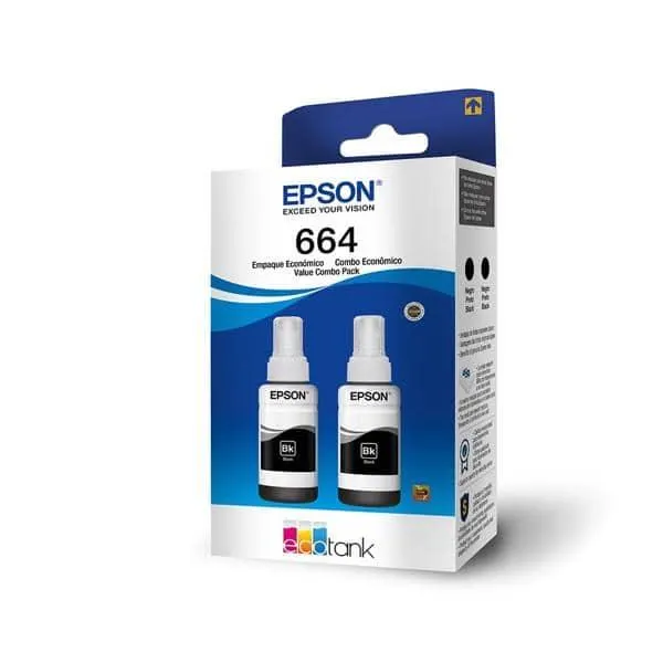 Kit com 2 Garrafas de Tinta Epson, Preto, T664120-2P, CX 1 UN