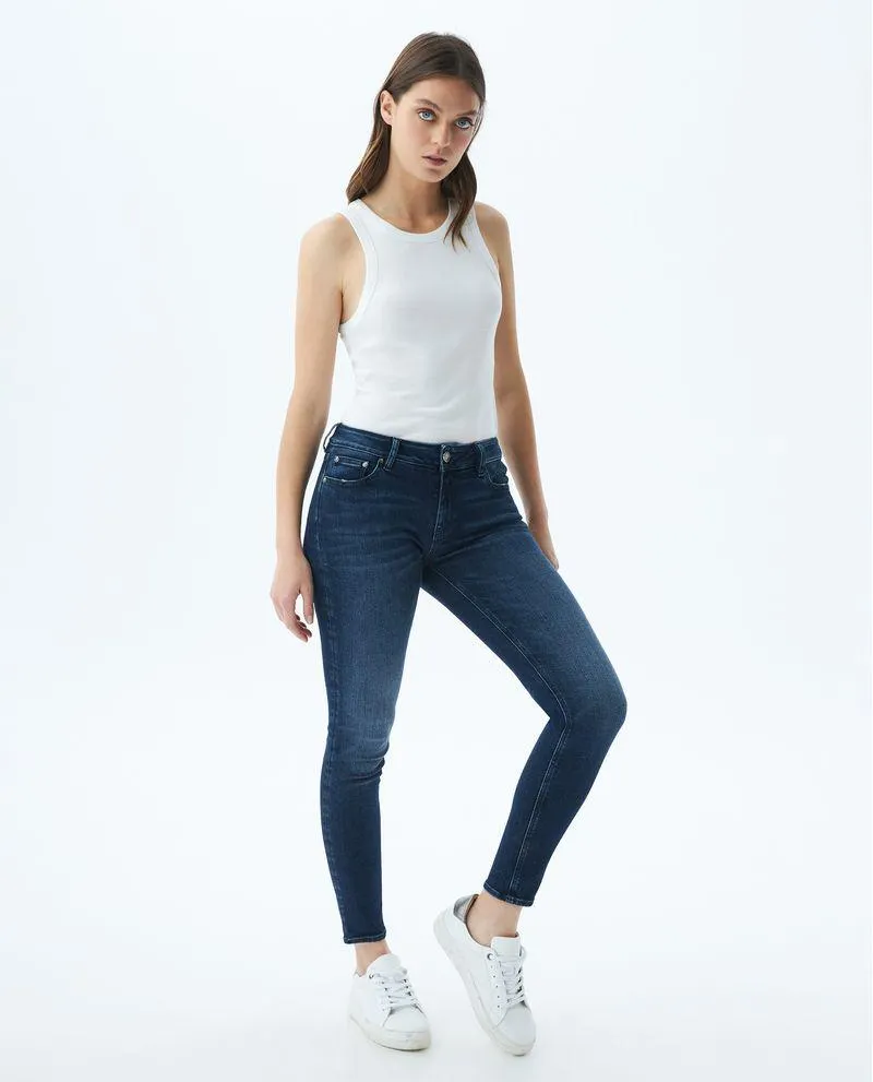 Jean de Mujer Low Rise, Rusty, Bota Skinny - Azul Oscuro + Bordado