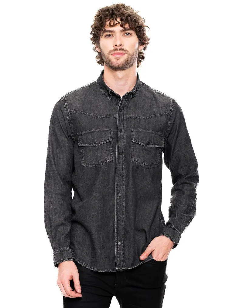 Camisa Manga Larga En Chambray Con Bolsillos