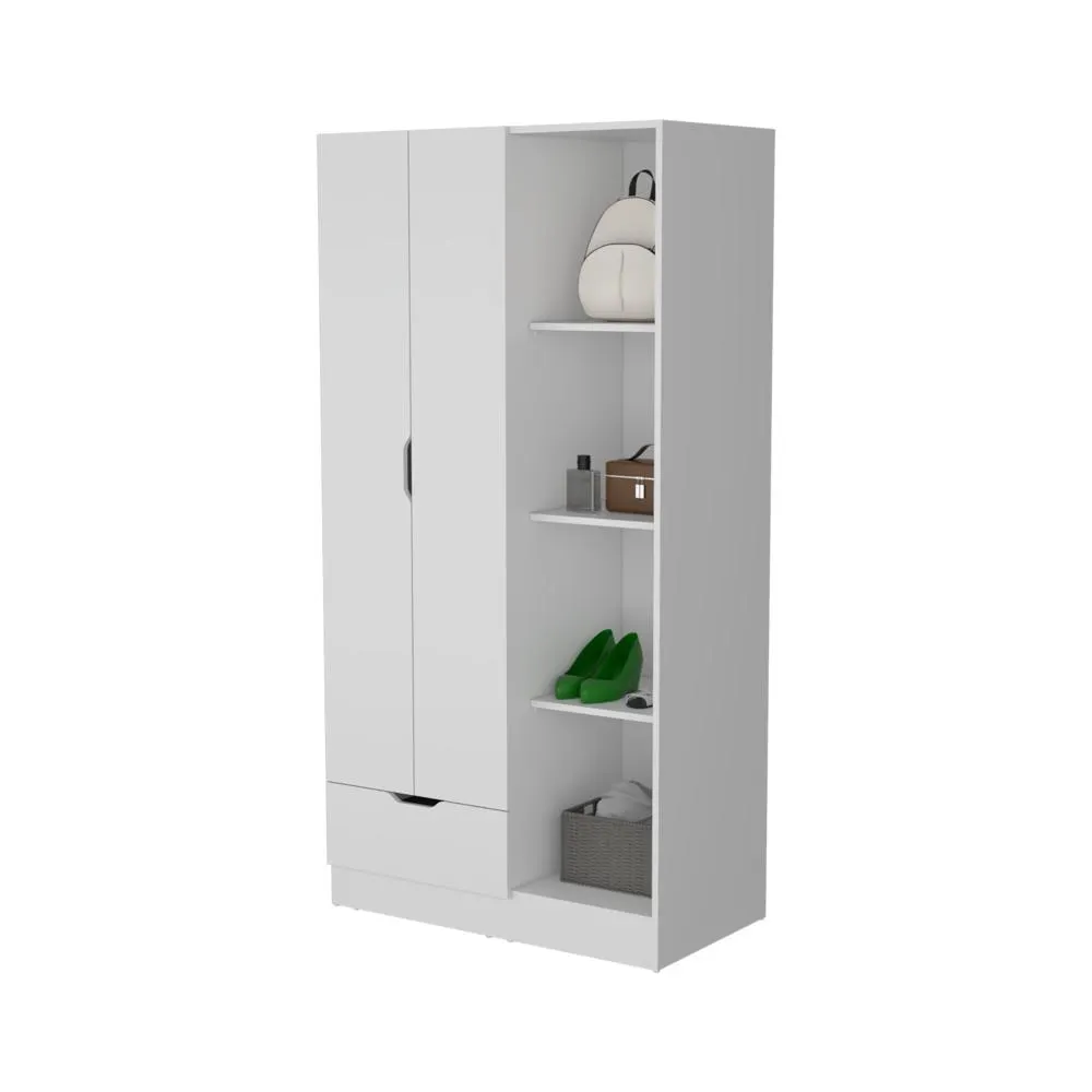 Closet memphis, blanco duqueza, con un tubo cromado y cuatro entrepaños zf
