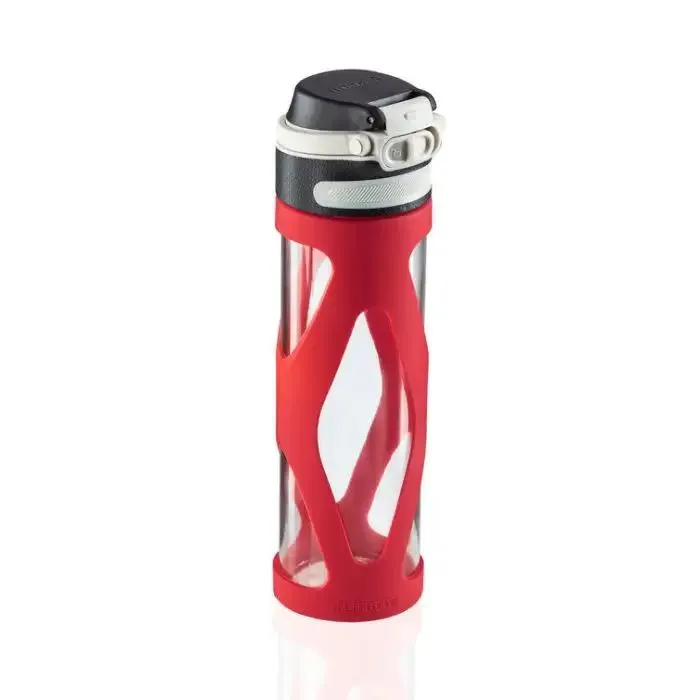 Leifheit 03256 borraccia uso quotidiano, fitness, sport 600 ml vetro, polipropilene (pp), silicone nero, rosso, trasparente
