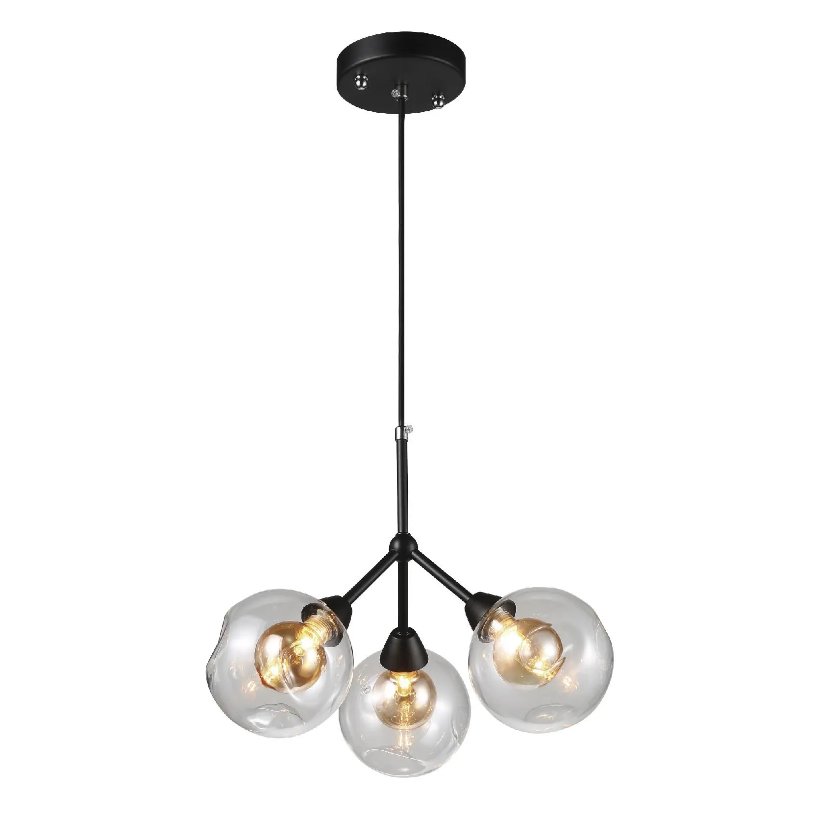 Lámpara colgante led transparente de metal y cristal base G9 en acabado negro 3 luces con cable de 1.20m