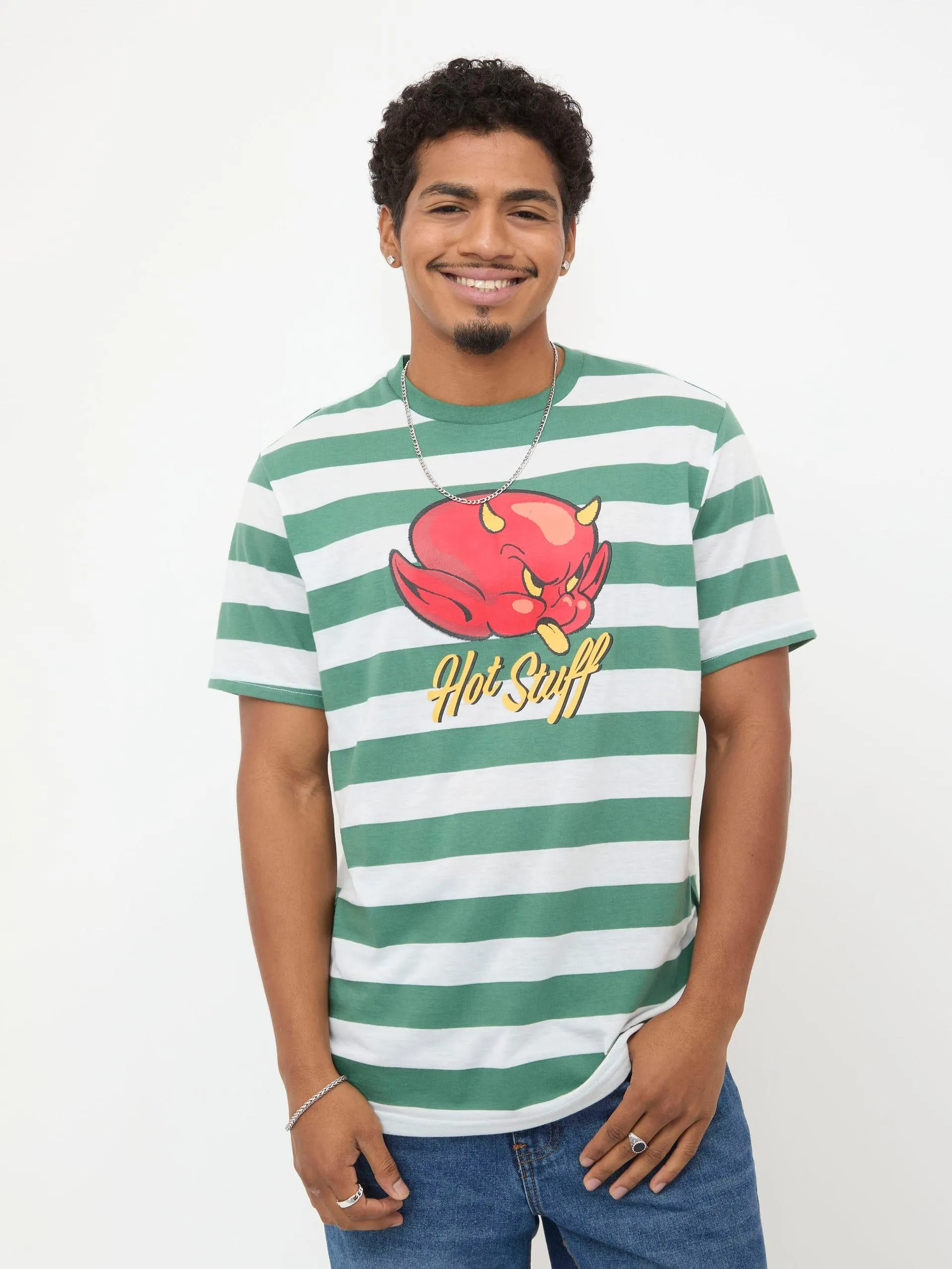 Playera Manga Corta Hot Stuff Rayas Blancas y Verde