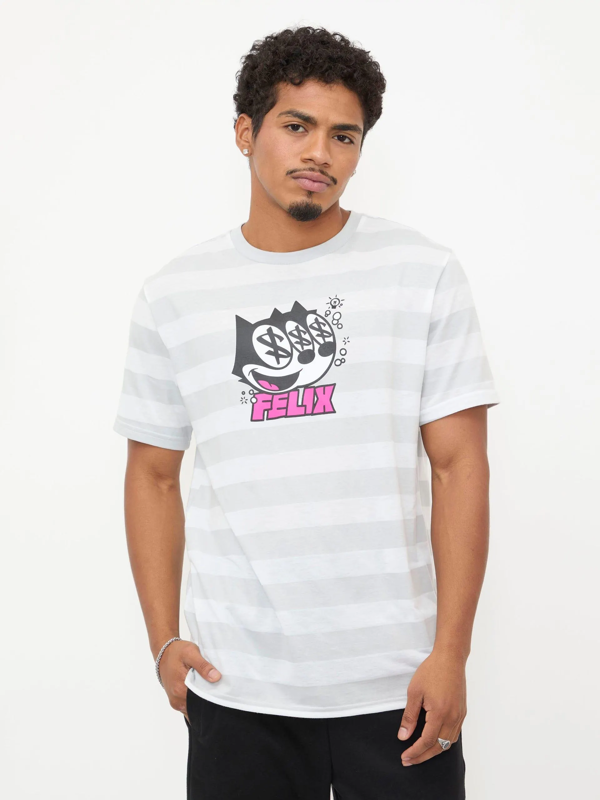 Playera Manga Corta El Gato Félix Rayas Grises y Blancas