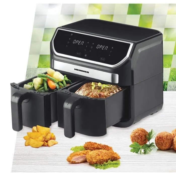 Friteuza dubla cu aer cald Heinner HAF-KDB1700BK, 1700 W, 8.5 L, Termostat reglabil, 11 programe prestabilite, Negru