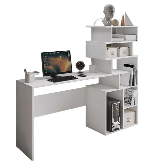 Birou cu biblioteca Maxim, pentru calculator, alb, 158 x 134 x 40 cm, 2C