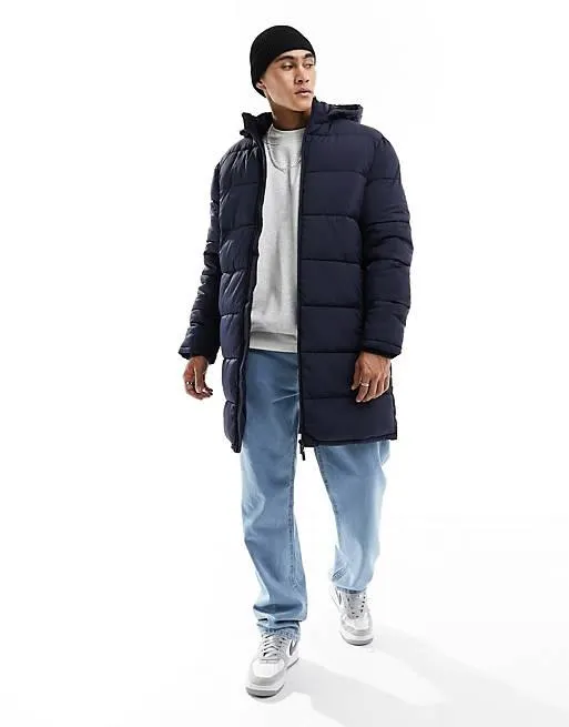 Selected Homme – Marinblå pufferjacka i lång modell med huva
