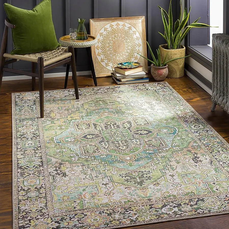 Livabliss Iris 8 x 10 (ft) Dark Green Rectangular Indoor Medallion Area rug Pet Friendly