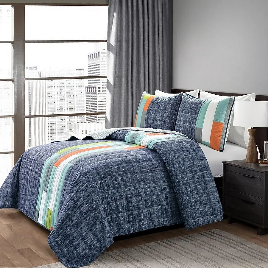 Lush Decor Navy Stripe Reversible Full/Queen Quilt Cotton