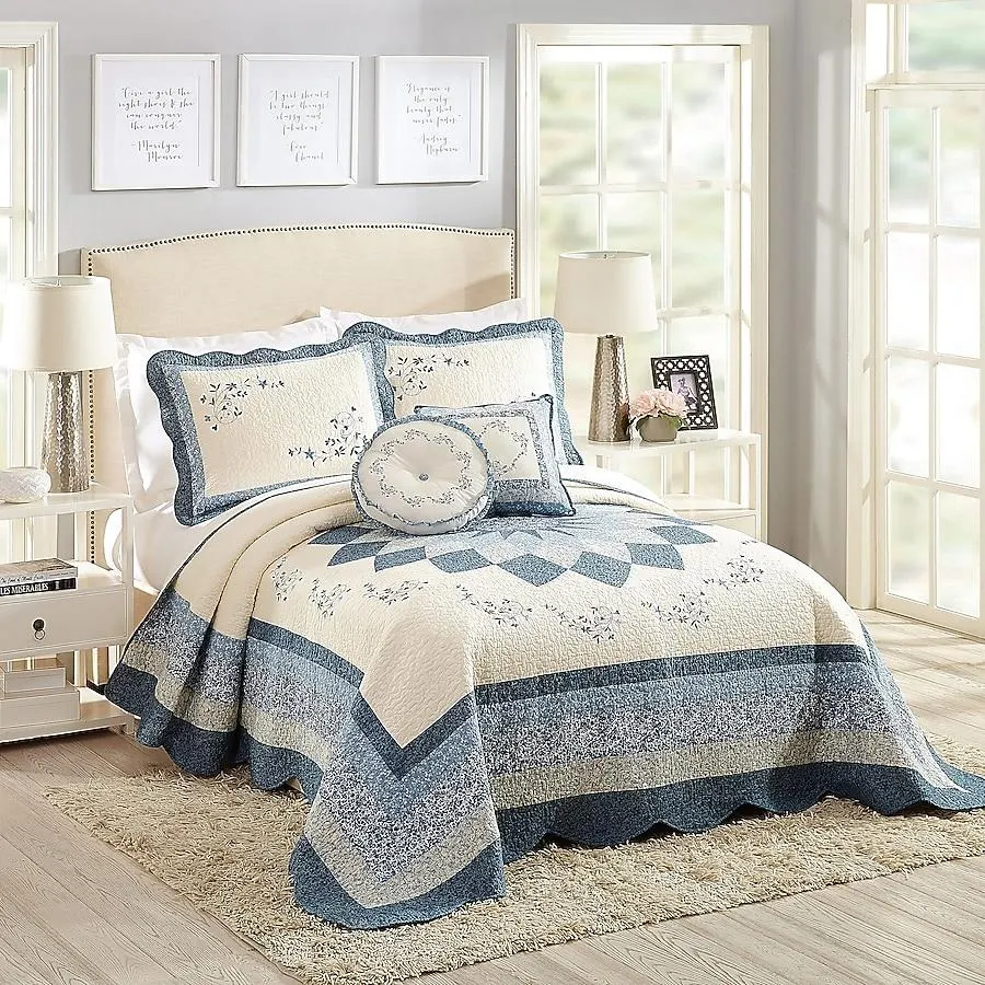 Modern Heirloom Charlotte Blue Floral Reversible Queen Bedspread Cotton with ( Cotton Fill )
