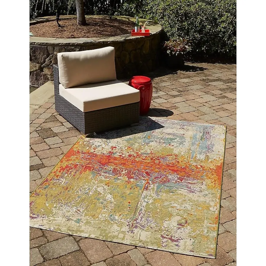 Unique Loom Crumpled Outdoor 10 x 12 (ft) Loomed Multi/Green Rectangular Indoor/Outdoor Abstract Area rug Pet Friendly