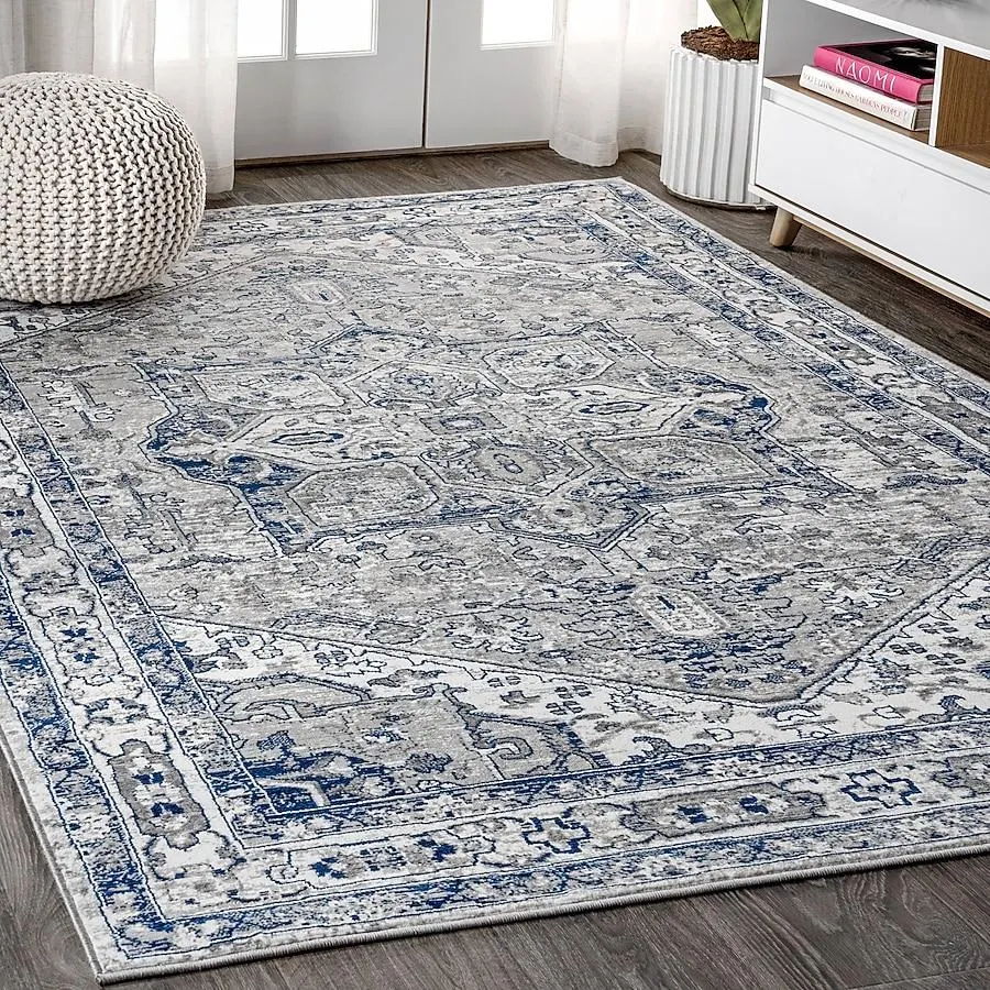 JONATHAN Y MODERN PERSIAN Vintage 8 x 10 (ft) Loomed Light Grey/Navy Rectangular Indoor Medallion Persian Area rug Pet Friendly