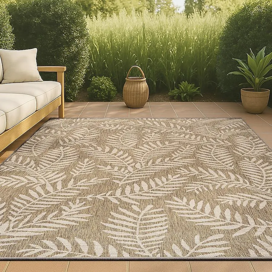 JONATHAN Y SANTA MONICA Nevis Palm Frond 9 x 12 (ft) Loomed Brown/Beige Rectangular Indoor/Outdoor Floral/Botanical Coastal Area rug Pet Friendly