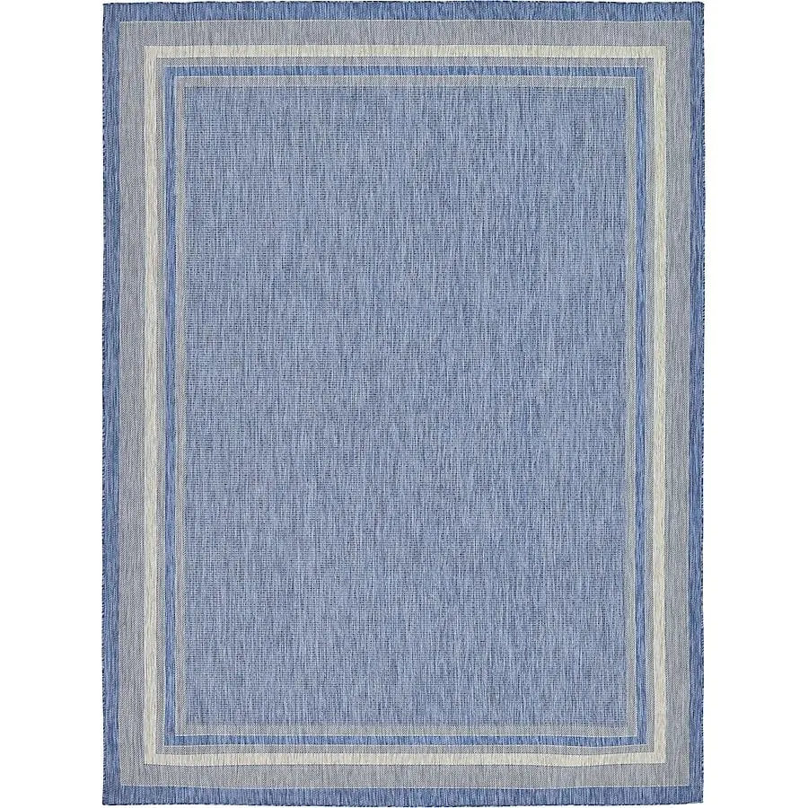 Unique Loom Soft Border Outdoor 9 x 12 (ft) Loomed Blue/Beige Rectangular Indoor/Outdoor Border Area rug Pet Friendly